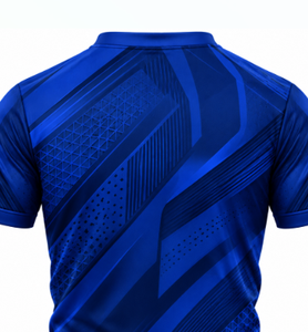 Maillot de football pour homme bleu à motif géométrique, col en V, transfert thermique, évacuation de l'humidité, nom d'équipe personnalisé, respirant, manches courtes, polyester - Product Image 4