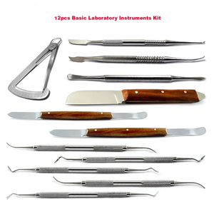 Kit de 12 instruments de laboratoire de base en acier inoxydable, outils dentaires avec poignées en bois, poignée moletée, utilisation manuelle - Product Image 1