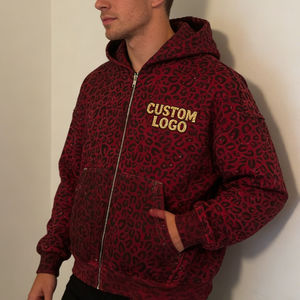 Sweat-shirts tendance pour hommes, couleur bordeaux, imprimé léopard, fermeture éclair, surdimensionnés, broderie léopard, paillettes, streetwear décontracté - Product Image 2