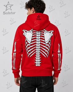 Salstar Men's <b>Red</b> Hooded Zip-Up Sweatshirt With Skeleton Print Gothic Style Regular Fit Knitted Polyester <b>Hoodie</b> - Product Image 2