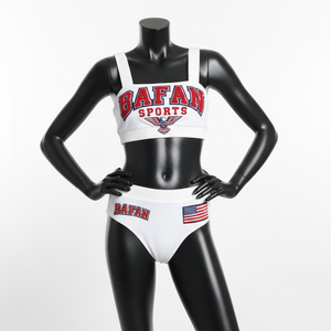 Conjunto de bikini de poli spandex de alta calidad, 185 GSM, color blanco, tela suave y elástica, con logo bordado, diseño personalizado para mujer. - Product Image 4