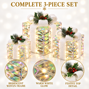 Kotak Hadiah Natal Berlampu Set 3 Buah Dengan Bingkai Anyaman dan Cahaya Hangat untuk Pajangan Pintu Masuk Lobi Hotel - Product Image 1
