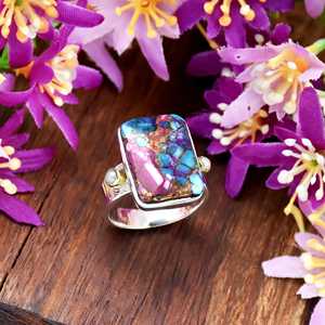 Kingman Pink Dahlia Turquoise Gemstone Ring 925 Sterling Silver Radiant Shape Handmade Gemstone Fine Jewelry <b>Gift</b> <b>for</b> <b>Her</b> - Product Image 4