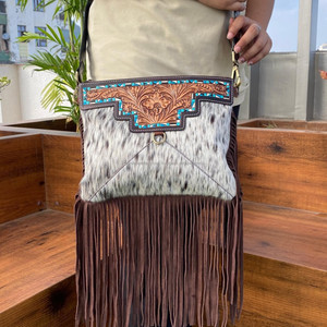 Bolso cruzado con flecos de cuero con pelo occidental para mujer, bolso con borlas florales de cuero genuino personalizado, bolsos de piel de vaca - Product Image 2