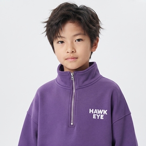 Kids Unisex <b>Hoodie</b> Purple Half-<b>Zip</b> Cotton Fleece Sweatshirt Top With Front <b>Pockets</b> Full Sleeve Drop Shoulder Leisure Wear - Product Image 4