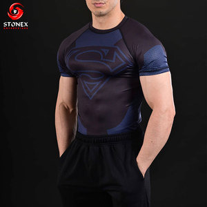 T-shirt de compression Superman pour homme à manches courtes, séchage rapide, performance, gym, fitness, imprimé devant, noir et bleu, services OEM - Product Image 2