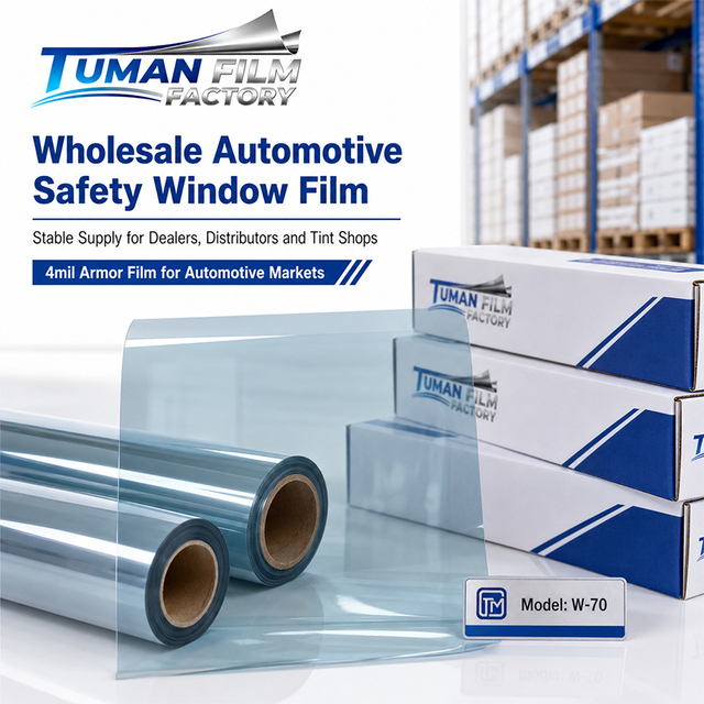 Tuman Box Packed 4mil Automotive Safety Window Film Clear Blue Tint Roll for Auto Markets Custom Packaging Bulk Order OEM
