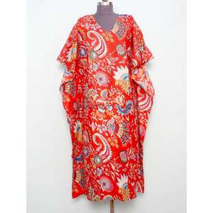 Nuevo Vestido Kaftan de Algodón para Mujer Talla Grande, Elegante Estampado Floral Vintage, Manga Corta, Estilo Playero, Holgado, para Verano - Product Image 1