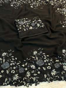 Sari Royal Premium pour Femme en Georgette Brodé Butta, Bordure Festonnée Élégante, Style Traditionnel, Tissu à Séchage Rapide, Assorti - Product Image 1