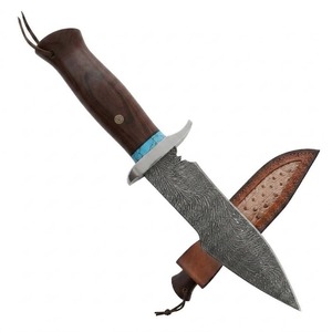 Couteau de chasse en acier de Damas avec manche en bois, lame à pointe tombante, bord droit, étui en cuir - Product Image 4