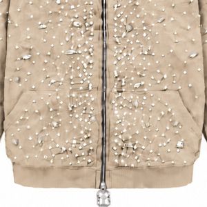 Sudadera con capucha beige perlada con cremallera, chaqueta informal con cristales brillantes, sudadera con capucha de manga larga - Product Image 5