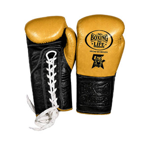 Gants de boxe en cuir No Boxing No Life, or et noir, à lacets, fabriqués au Mexique, pour adultes, entraînement en salle, arts martiaux, MMA. - Product Image 1
