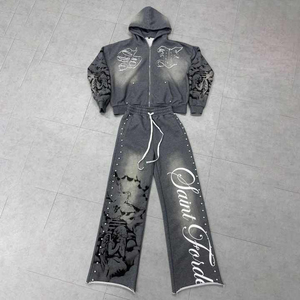 Conjunto de chándal de invierno para hombre, estilo streetwear, con decoración de perlas, lavado descolorido, corte acampanado, bajo sin rematar, efecto descolorido por el sol, holgado y de talla grande, con joggers - Product Image 3