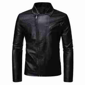 Veste en cuir PU vert pour homme, style motard, col rabattu, fermeture éclair, coupe ajustée, pour l'automne - Product Image 5