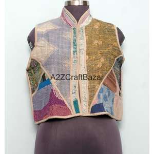 Chaleco Kantha Hecho a Mano 100% Algodón Puro para Mujer, Estampado Floral, Sin Tejido, para Primavera/Otoño, con Mangas Cortas - Product Image 1