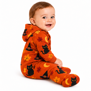 Mono con capucha de Halloween para bebé, color naranja, con estampado de luna, sombrero de bruja y gato negro, manga larga, con botones al frente, conjunto de ropa para bebé - Product Image 4