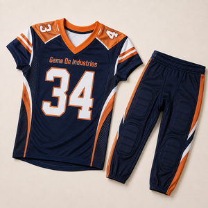Private Label Navy Blue & Orange Custom American Football Game Uniform OEM ODM High Quality Jersey With Padded Football Pants - Product Image 1