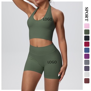 Conjunto de Yoga de 2 Piezas para Mujer, Verde Oliva, Top Corto Halter, Pantalones Cortos de Cintura Media, Sin Costuras, Transpirable, Cintura Elástica - Product Image 5
