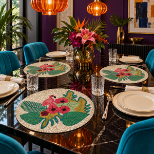 Salvamantel de Cuentas de Vidrio con Diseño de Flamenco Tropical y Motivo Floral Rosa |   Mantel de Mesa Moderno y Ecológico Hecho a Mano con Hojas Verdes Vibrantes - Product Image 2