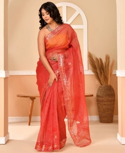 Sari d'automne réversible en coton mélangé imprimé Kota Doria pour femme KV, infroissable, avec chemisier non cousu (Orange) - Product Image 1