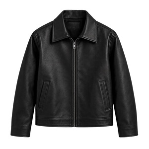Blouson Bomber Homme Noir en Cuir Véritable Imperméable et Respirant avec Fermeture Éclair, Col Rabattable, Style Moto, Coupe Droite, Hiver - Product Image 5