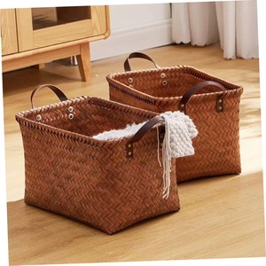 Seagrass <b>basket</b> with leather handles on both sides Handmade <b>Storage</b> <b>Basket</b> Wholesale eco-friendly Made Viet Nam - Product Image 3