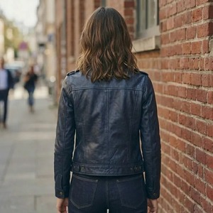 Chaqueta Trucker de Cuero Genuino Azul Marino – Abrigo Ajustado de Estilo Urbano para Mujer - Product Image 2