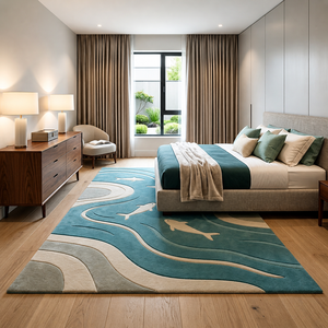 Alfombra de Lana/Seda Moderna de Estilo Costero, Hecha a Mano, con Patrón de Delfines, Base de Látex Suave Antideslizante, Azul Beige, para Dormitorio y Hogar - Product Image 1