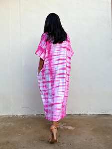 Alice 5 Tie Dye Kaftan Dress <b>White</b> And Fuchsia Cotton Jersey Lounge Wear - Product Image 3