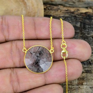 Natural <b>Black</b> Rutile Round Shape Charm Gemstone <b>Chain</b> Necklace 18k Gold Micron Over 925 Sterling Silver - Product Image 1