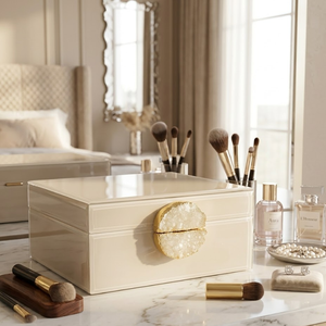 Luxury Beige Decorative Box Set with Crystal Stone <b>Knob</b> Elegant Storage Organizer for Modern Home Decor and Tabletop Styling - Product Image 3