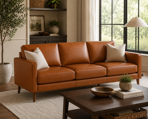 Modern Genuine Leather Three Seat <b>Sofa</b> With Wood Legs Tight Back Straight Arms Living Room Furniture Leather <b>Sofa</b> - Product Image 6