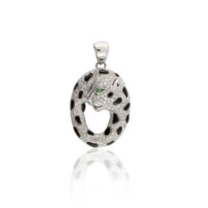 14k Solid White Gold Panther Diamond Onyx Pendant-IGI Certified Rhodium Plated Claw Setting - Product Image 3
