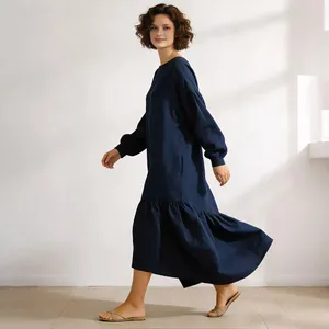 Robe longue élégante pour femmes, bleu marine uni, col rond, manches longues bouffantes, ourlet à plusieurs niveaux, style bohème, robe d'été décontractée - Product Image 1