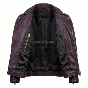 Blouson de motard en cuir violet personnalisé pour homme, manteau en peau de mouton véritable vieilli, fermeture éclair asymétrique, fournisseur de vêtements de moto en gros - Product Image 3