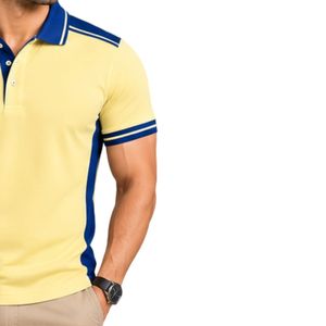 Polo Premium Amarillo y Azul Marino para Hombre con Franja de Contraste en el Hombro y Detalle Lateral Bordado con Logotipo Personalizado para Golf - Product Image 4