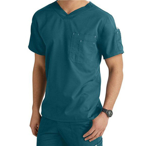 Men's Black V-Neck Scrub <b>Top</b> With Chest Pocket And Sleeve Patch Hospital Uniform Wear - Product Image 1
