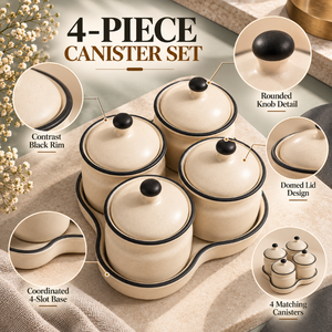 Ensemble de pots en céramique crème avec couvercles, poignées à bordure noire, quatre récipients de stockage alimentaire avec base |   Organisation du plan de travail de cuisine - Product Image 5