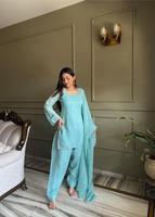 Setelan kurta sutra biru langit dengan dupatta sutra siroski berhias kerjaan tangan, setelan salwar jahit ukuran bebas, setelan etnik biru langit untuk acara meriah