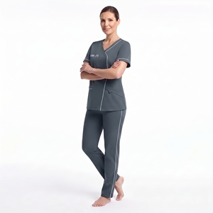 Uniforme Médico Personalizado para Mujer, Cuello en V, Manga Corta, Poliéster y Elastano, Ribete en Contraste, Bolsillos Delanteros, Ropa de Trabajo para el Sector Sanitario - Product Image 3