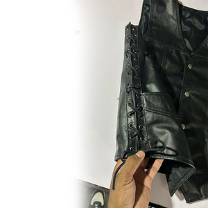 Men's Genuine Leather Vintage Windproof Cotton Filled V-neck Biker <b>Vest</b> OEM ODM Wholesale Lace Side Motorcycle Riding Outer Wear - Product Image 5
