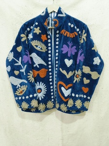 Blue <b>Velvet</b> Embroidered Floral Suzani Jacket <b>Women</b> Y2K Stand Collar <b>Coat</b> 100% Cotton Windproof Breathable - Product Image 4