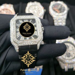 Montre mécanique à cadran carré, lunette sertie de strass, chiffres romains, boîtier en acier inoxydable, bracelet en cuir véritable, verre saphir, style hip-hop - Product Image 4