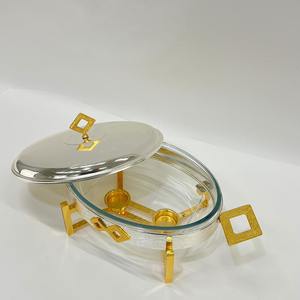 Plat de service de luxe en verre avec support en acier inoxydable pour buffet, chauffe-plats rond ou ovale avec support doré ou argenté pour hôtel - Product Image 4