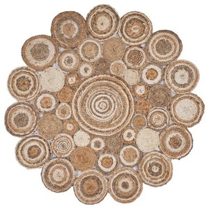 Handcrafted Jute Round Area Rug Bohemian Patchwork Style Flat Weave Living Room Use Spot Clean <b>Thin</b> Pile - Product Image 1