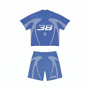 Conjunto de Camiseta y Pantalones Cortos ZAINI Premium de 280 GSM, Poliéster Interlock, Azul y Blanco, Cuello Redondo Transpirable, Logotipo Frontal Personalizado en Relieve - Product Image 2