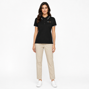 Polo de Manga Corta Negro para Mujer con Ribete Blanco en Cuello y Puños, Estilo Casual, Tejido Piqué de Algodón, Corte Regular - Product Image 2