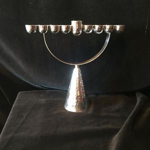 Handcrafted <b>Black</b> Metal Menorah Candle Holder Unique Minimal Hanukkah Decorative Tabletop Elegant Home Accent - Product Image 1