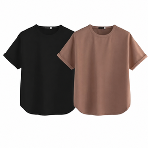 Camiseta de punto para mujer, talla grande, corte ajustado, cuello redondo, hombros caídos, 100% algodón, transpirable, color liso, informal, para primavera, con efecto fruncido y tie-dye - Product Image 5