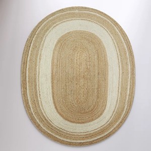 Tapis ovale tressé fait main en jute, rayé rouge et beige, style oriental, avec envers antidérapant en jute, écologique et réversible pour salon - Product Image 1